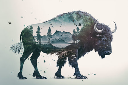 American male bison grazing on grassland with double exposure background of wondrous natural scenery in yellowstone. Large mammal body with fur and horn by Generative AI.の素材
