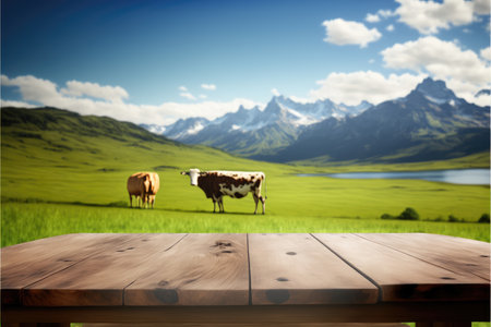 Focus empty wood table with blurred natural tree and cow with meadow background. Concept of blank space for advertising product. Finest generative AI.の素材