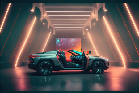 Neon racing sport car demonstrated innovative showroom. Concept of futuristic electrical alternative energy vehicle. Finest generative AI.の素材