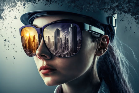 Wondrous portrait of a female engineer in sunglasses with cityscape and construction site reflection, set against a warm sunset background. Modern city living and infrastructure by Generative AIの素材