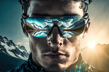 Young male cyclist portrait wearing sunglasses with wondrous reflection of the natural environment of mountain landscape and beautiful sky, Fitness and extreme sport in the peak concept Generative AI.の素材