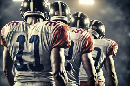 Close-up american football team boys in sport stadium. Concept of teamwork at stadium. Finest generative AI.の素材