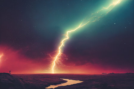 Splendid scenic night of vibrant color starry galaxy universe in creepy sky horizon with a man on the ground. Cosmic horror concept background in digital art generative AIの素材