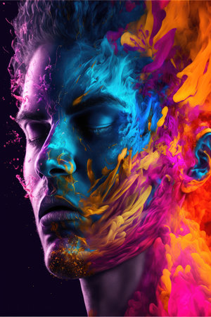 Abstract art in portrait colorful double exposure makeup. Inspiration of staggering multicolor splashing technique design. Finest generative AI.の素材