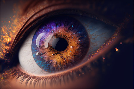Closeup of macro galaxy in glowing sharp eyesight vision. Concept of outer space in human eye. Finest generative AI.の素材