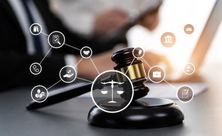 Smart law, legal advice icons and lawyer working tools in the lawyers office showing concept of...
