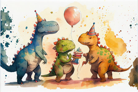 Cute dinosaur celebrating in party created by colorful watercolor technique. Theme of birthday event with food and drink wearing on birthday hat. Finest generative AI.の素材