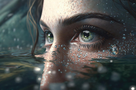 Close up woman eyes at the water surface. superlative generative AI image.の素材