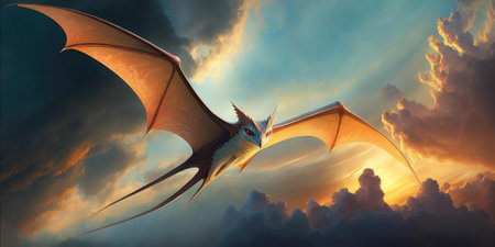 Flying imaginative creature or dinosaur fly in the sky. superlative generative AI image.の素材