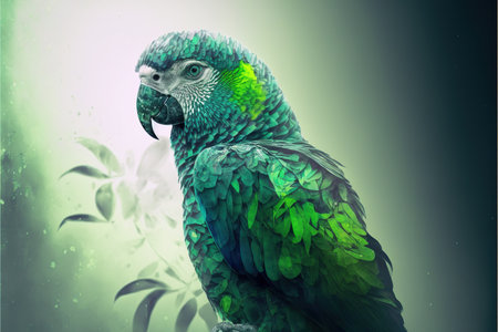 Contemporary abstract artwork double exposure of green parrot and forest landscape design, concept of animal and natural wilderness adventure. Superb Generative AI.の素材