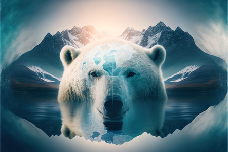 image shown by polar bear suffer due to melting ice caused by the impact of climate change on double exposure of global warming turning arctic hotter in background. Superb Generative AI.の素材