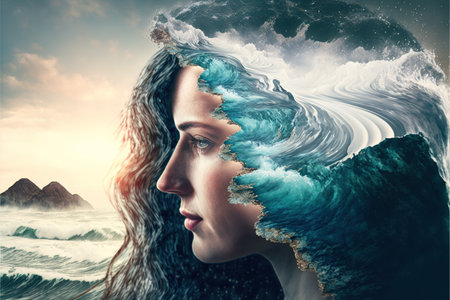 Double exposure woman portrait with natural freshness of seascape and ocean background for sense of peaceful tranquility concept. Meditative and mental ability abstract art. Superb Generative AIの素材