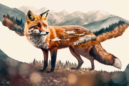 Contemporary abstract artwork double exposure of red fox and forest landscape design, concept of animal and natural wilderness adventure. Superb Generative AI.の素材