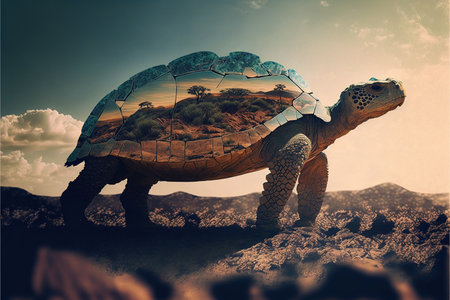 Contemporary abstract artwork double exposure turtle of and forest landscape design, concept of aimal and natural wilderness adventure. Superb Generative AI.の素材