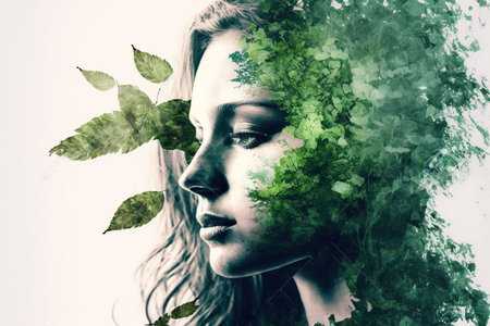 Beautiful woman portrait with blossom greenery foliage leaf hairstyle on isolated background double exposure. Girl face cover with blossom springtime leaves. Superb Generative AI.の素材