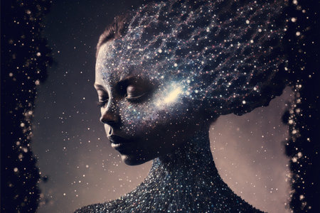 Contemporary abstract art woman melting portrait with skin of glistening space and universe in mycelia pattern, body cover with bright star of the starry night. Superb Generative AIの素材