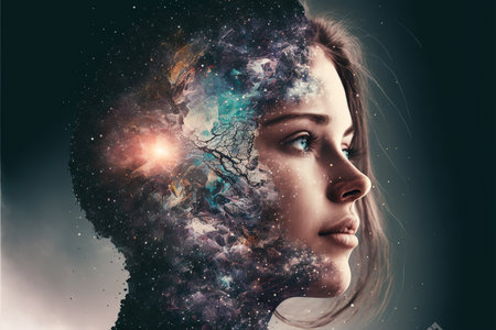 Double exposure image of woman portrait with the void of space and universe with stars for state of mind and psychological concept. Meditative and mental ability abstract art. Superb Generative AIの素材