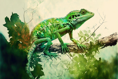Contemporary abstract artwork double exposure of green lizard and forest landscape design, concept of animal and natural wilderness adventure. Superb Generative AI.の素材
