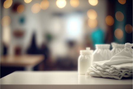 Focus white empty table with blurred laundry background. Concept of blank space for advertising product. Finest generative AI.の素材