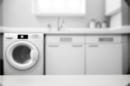 Focus in blur laundry and washing machine background. Concept of blank space for advertising product. Finest generative AI.の素材