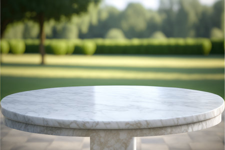 Empty marble table in natural green garden outdoor. Product placement with sunday light. Finest generative AI.の素材