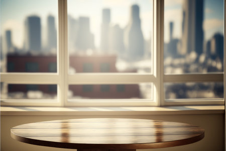 Empty wooden table in front of blurry background overlooking through large window. Concept of outside warm light skyscraper view. Finest generative AI.の素材