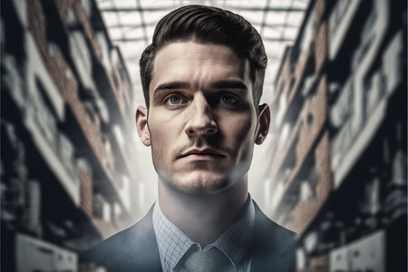 Fast-paced business environment concept warehouse with modern logistic supply chain handling for efficient storage handling with portrait of businessman in wondrous double exposure by Generative AI.の素材