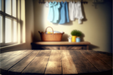 Focus empty wood table in blur laundry and washing machine background. Concept of blank space for advertising product. Finest generative AI.の素材