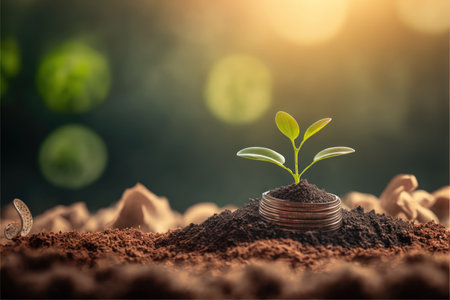 Saving concept by growing plants on coin stack isolated on blur landscape background. Theme of glowing young plant from seed in the forest. Finest generative AI.の素材