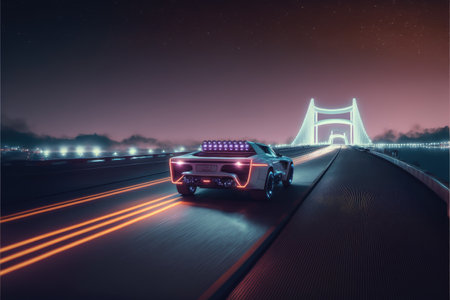 Cyber neon driving green power sport car with hybrid technology automotive. Concept of light glowing on dark city view in night life. Finest generative AI.の素材