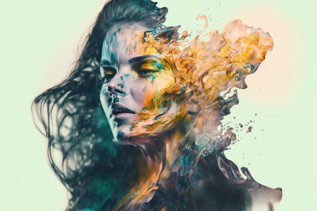 Wondrous illustration portrait woman with colorful iridescent exploding and dissolving in to liquid color and melting from her face in double exposure for psychedelic artwork by Generative AI.の素材