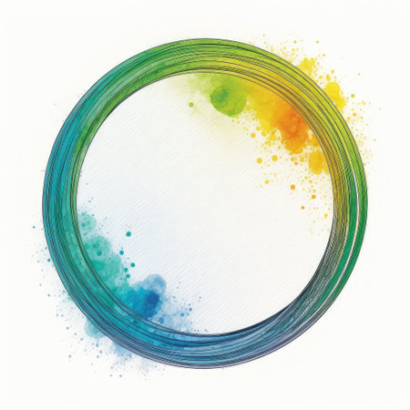 Empty circle frame on white background. Concept of overlapped mystery colorful watercolor. Finest generative AI.の素材