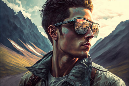 Adventure and natural travel in the wondrous mountain landscape and beautiful sky concept portrayed by young man wearing sunglasses with reflection of the nature environment by Generative AI.の素材