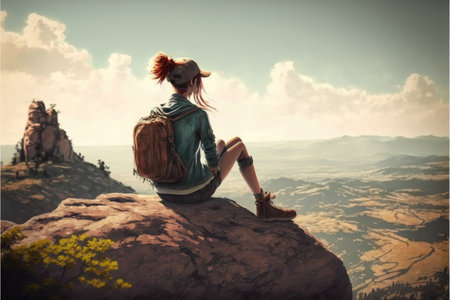 Young backpacker sitting on peak mountain rock edge background. Concept of young generation tourist travel located on top of cliff. Finest generative AI.の素材