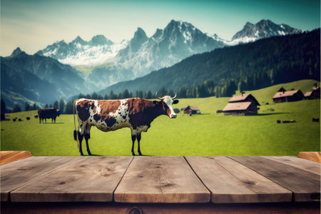 Focus empty wood table with blurred natural tree and cow with meadow background. Concept of blank space for advertising product. Finest generative AI.の素材