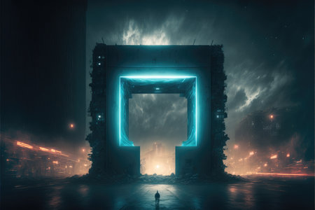 The world revolution of through square modernism future portal. Background of skyscraper with moon spotlight. Finest generative AI.の素材