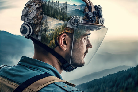 Determined man with hiking helmet and equipments for mountian climbing portrait and wondrous mountain landscape in double exposure. Adventurous and outdoor nature exploration concept by Generative AI.の素材