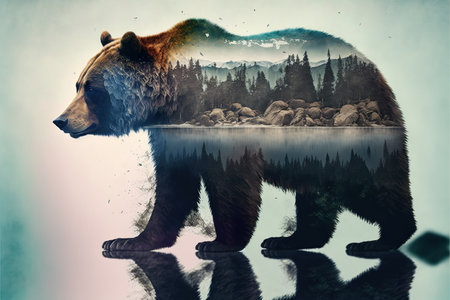 Wondrous brown grizzly bear in outdoor double exposure with natural taiga forest mountain background design as concept of adventure and exploring nature with peaceful environment. Generative AIの素材