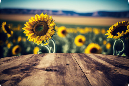 Focus empty wood table with blurred sunflower tree background. Concept of blank space for advertising product. Finest generative AI.の素材
