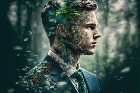 Double exposure portrait of ambitious businessman with wondrous greenery and natural green forest landscape in background as concept of sustainability and natural ecology conservation by Generative AIの素材