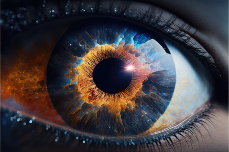 Closeup of macro galaxy in glowing sharp eyesight vision. Concept of outer space in human eye. Finest generative AI.の素材