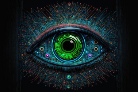 Abstract technology computer art in eyesight from circuit board ship neon light. Concept of scanning by eyeball analysis database. Finest generative AI.の素材