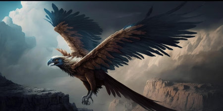Flying imaginative creature or dinosaur fly in the sky. superlative generative AI image.の素材