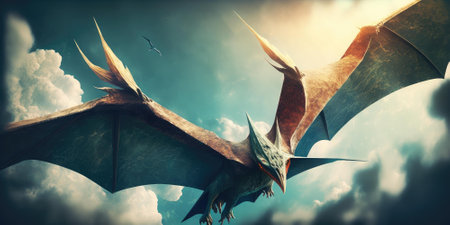 Flying imaginative creature or dinosaur fly in the sky. superlative generative AI image.の素材