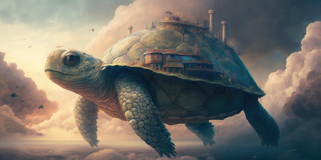 Beautiful conceptual fantasy image of turtle kingdom in the sky. superlative generative AI image.の素材