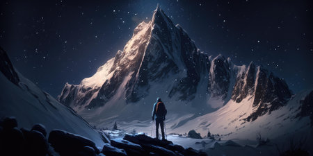 A journey of a lonely man through mountain landscape in the night sky. superlative generative AI image.の素材