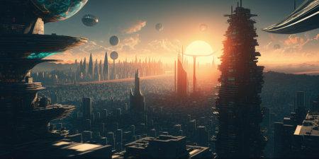 Science fiction fantasy world cityscape skyline with futuristic building architecture. superlative generative AI image.の素材