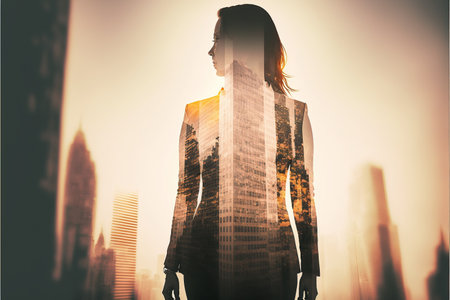 Ambitious businesswoman in black suit-clad profile with background residential city highrise buildings in double exposure, Successful businesspeople with strategic plans. Superb Generative AI.の素材