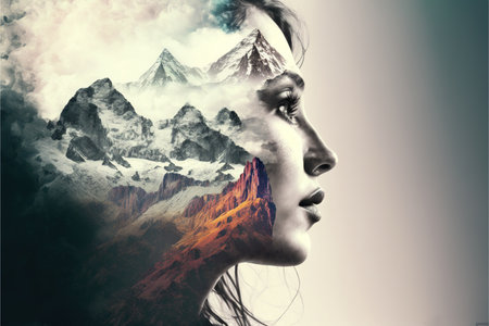 Double exposure woman portrait with cloudscape and mountain range background for sense of peaceful tranquility concept. Meditative natural freshness and mental abstract art. Superb Generative AIの素材