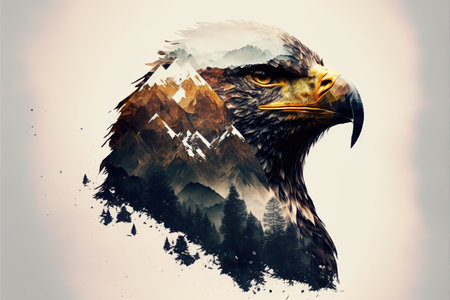Bird of prey eagle head portrait with sharp eyesight on double exposure with natural landscape with lush forest and mountain scenery showing beauty and majesty of nature. Superb Generative AI.の素材